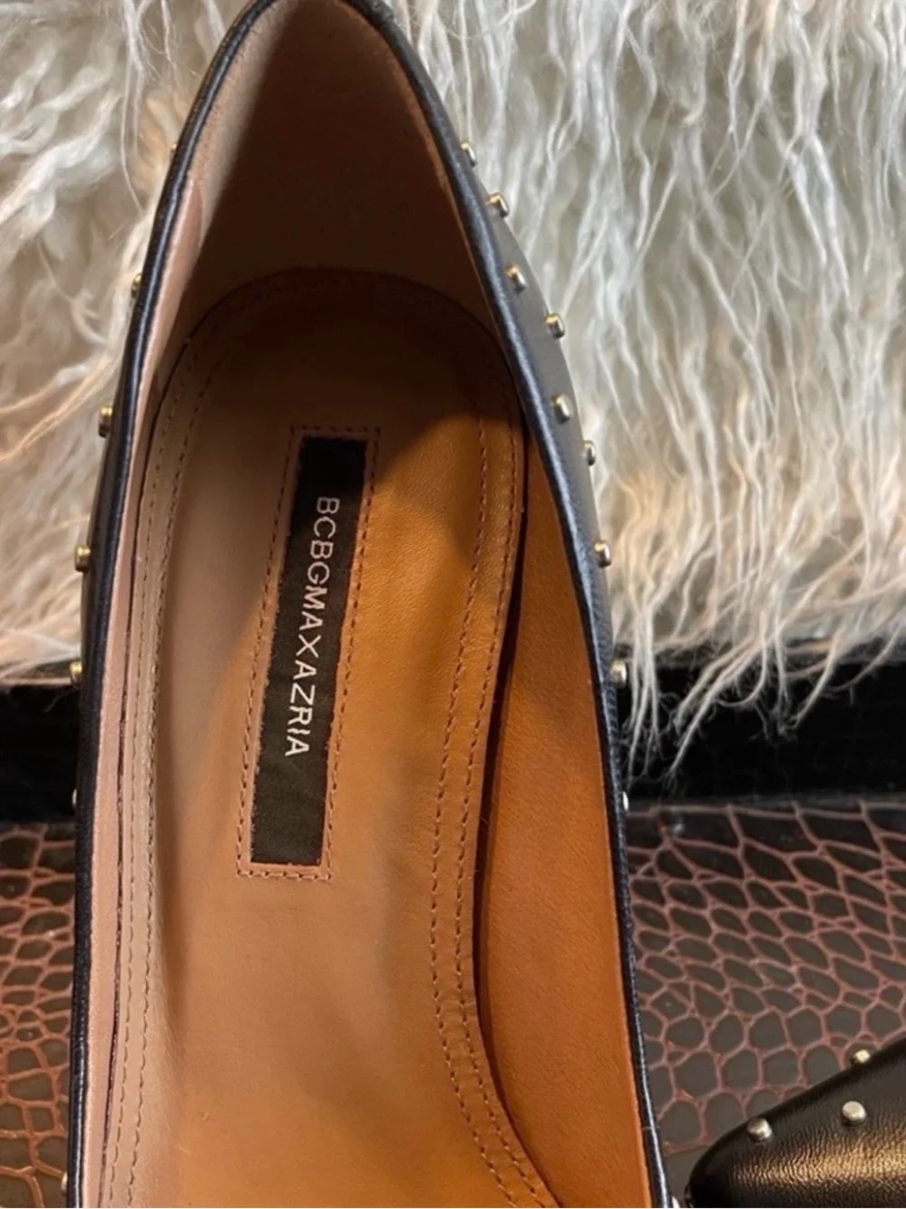 BCBGMaxAzria Black Leather “Nova” Studded Pointed-Toe Stiletto size 10